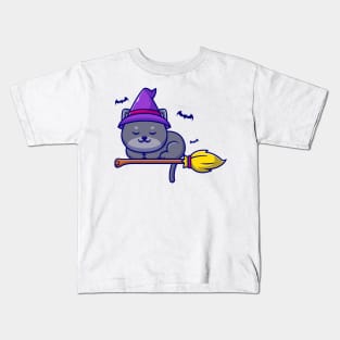 Cute Witch Cat Sleeping On Magic Broom Cartoon Kids T-Shirt